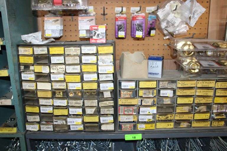 3 HARDWARE BINS WITH HARDWARE, DOOR HARDWARE, BOLTS, WASHERS, ETC.