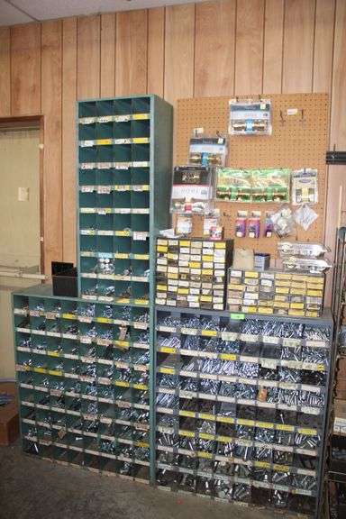 3 HARDWARE BINS WITH HARDWARE, DOOR HARDWARE, BOLTS, WASHERS, ETC.