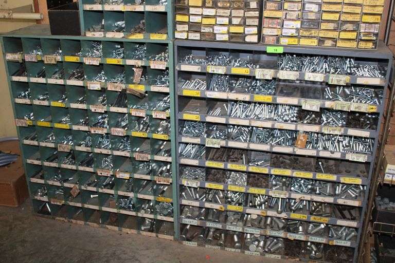 3 HARDWARE BINS WITH HARDWARE, DOOR HARDWARE, BOLTS, WASHERS, ETC.