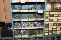 3 HARDWARE BINS WITH HARDWARE, DOOR HARDWARE, BOLTS, WASHERS, ETC.