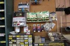 3 HARDWARE BINS WITH HARDWARE, DOOR HARDWARE, BOLTS, WASHERS, ETC.