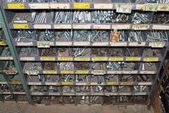 3 HARDWARE BINS WITH HARDWARE, DOOR HARDWARE, BOLTS, WASHERS, ETC.