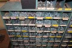 3 HARDWARE BINS WITH HARDWARE, DOOR HARDWARE, BOLTS, WASHERS, ETC.