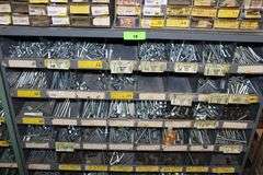 3 HARDWARE BINS WITH HARDWARE, DOOR HARDWARE, BOLTS, WASHERS, ETC.