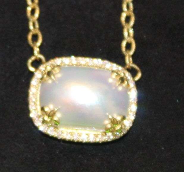 Lady's Yellow 14 Karat Cushion Shape Mabe Pearl Pendant With 36=0.36Tw Round Diamonds And One Mabe' Pearl W 18 inch Chain