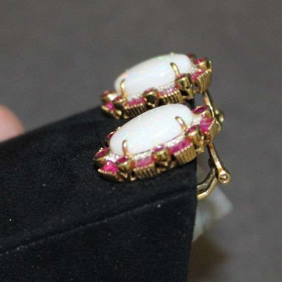 18K YELLOW EARRINGS 2=6.76TW OVAL OPALS 48=2.66TW ROUND & PRINCESS RUBIES & 48=.18TW ROUND DIAMONDS