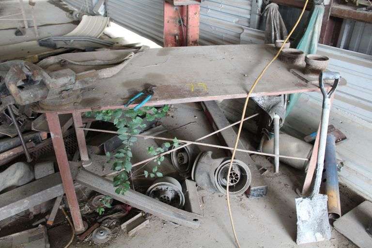 METAL TABLE WITH VISE AND SCRAP METAL (TABLE 5'6"x2'9")