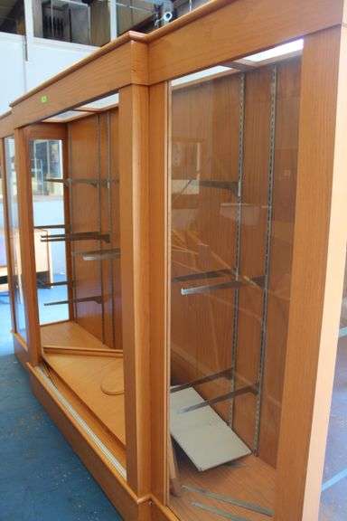 LARGE WOOD DISPLAY CABINET (GLASS SHELVES, AND HAS BRACKETS, OPEN*NO OUTER GLASS IN MIDDLE)