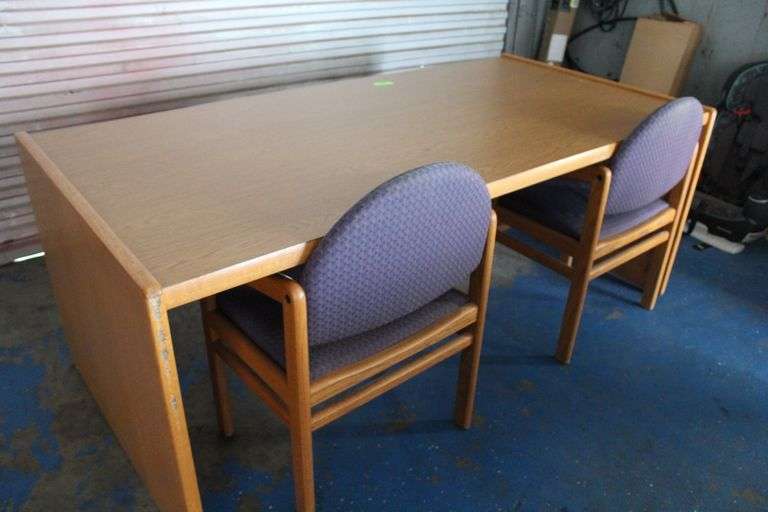 WOOD TABLE / DESK 30" x 74 1/2" WITH TWO CHAIRS