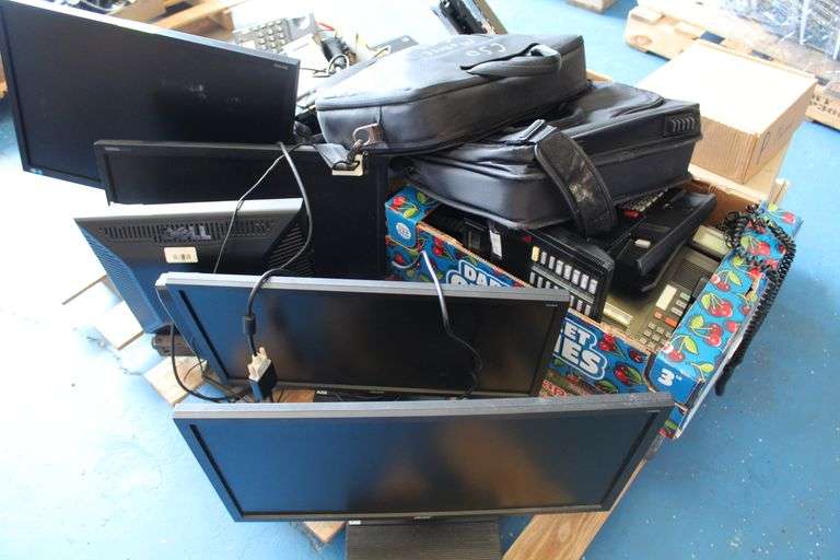 PALLET OF MISC - 5 MONITORS, TELEPHONES, 4 CPU
