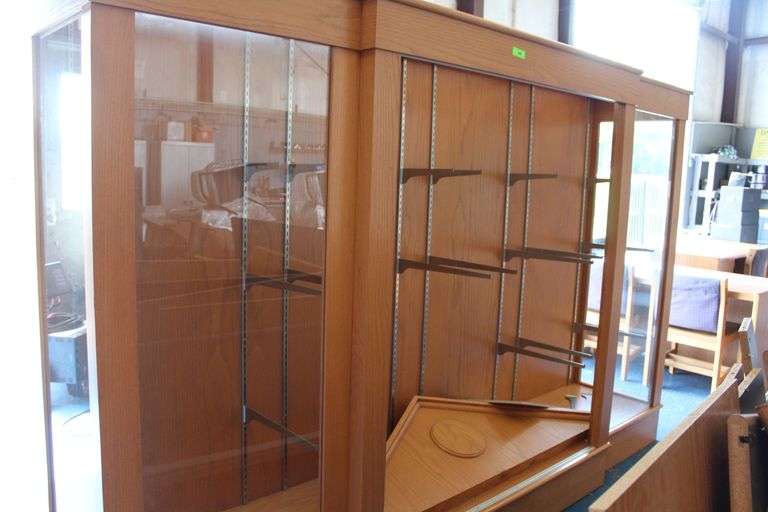LARGE WOOD DISPLAY CABINET (GLASS SHELVES, AND HAS BRACKETS, OPEN*NO OUTER GLASS IN MIDDLE)