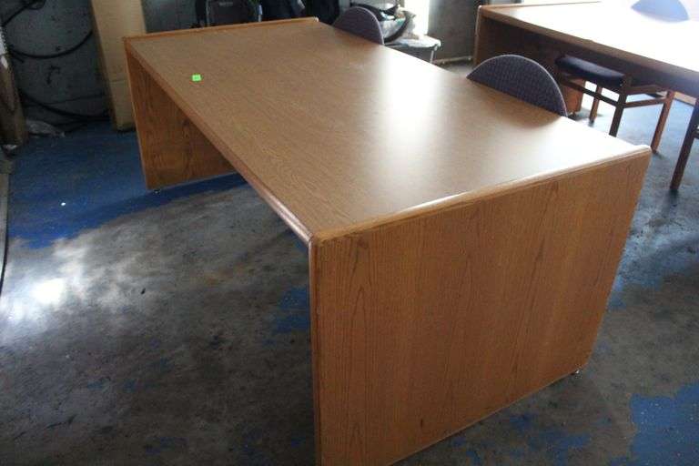 WOOD TABLE / DESK 30" x 74 1/2" WITH TWO CHAIRS