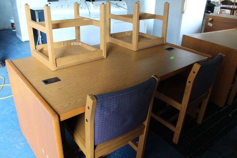 WOOD DESK 30" X 62 1/2" WITH FOUR CHAIRS