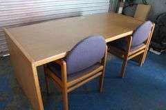 WOOD TABLE / DESK 30" x 74 1/2" WITH TWO CHAIRS
