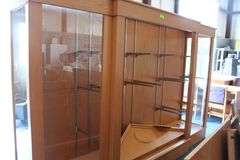 LARGE WOOD DISPLAY CABINET (GLASS SHELVES, AND HAS BRACKETS, OPEN*NO OUTER GLASS IN MIDDLE)