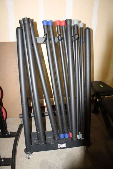 WEIGHTED BAR RACK WITH ASSORTED WEIGHT BARS
