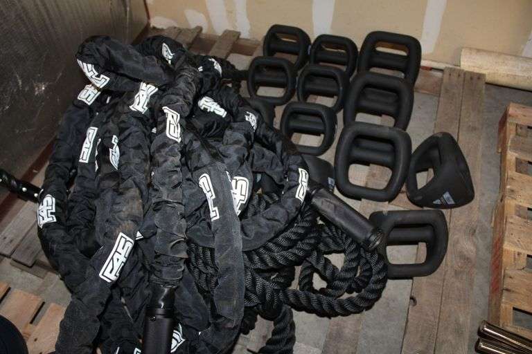 12-ASSORTED Y-BELLS WITH 1-PILE OF CLIMBING/BATTLE ROPES