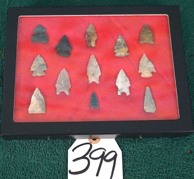 13 Authentic Bird Point Artifacts Arrowheads in New Display Case