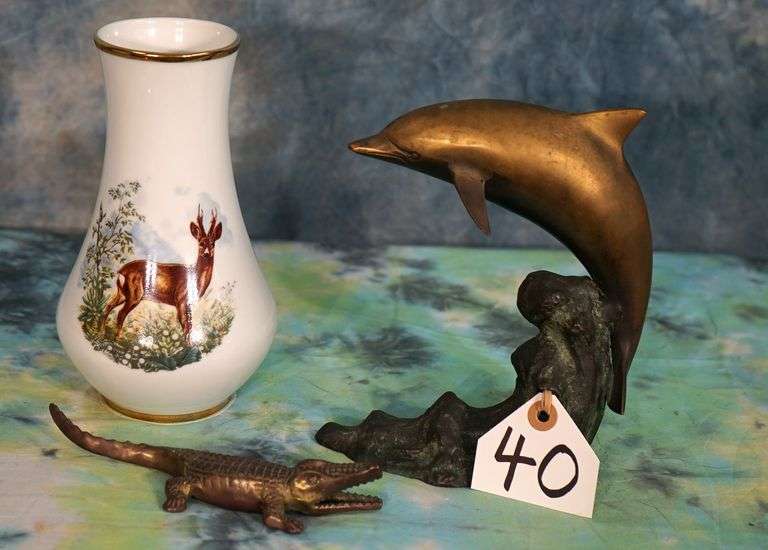 Brass Dolphin, Alligator, with European Roebuck Flower Vase Decor