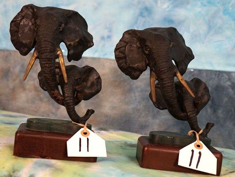 Pair of Bronze Elephant Head Bookends for Trophy Room Decor