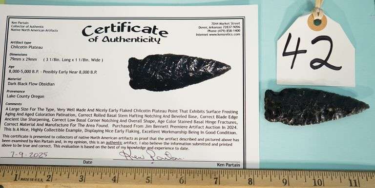 Authentic Arrowhead Notched Chilcotin Plateau Obsidian Knife with COA
