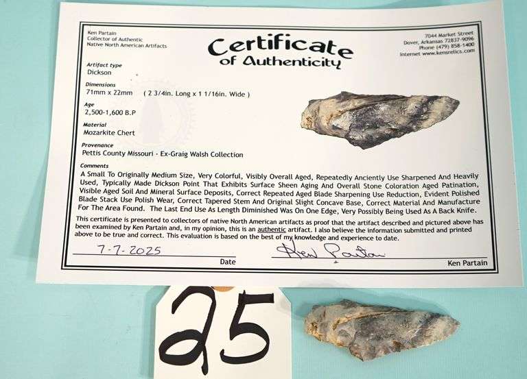 Authentic Woodland Period Dickson Knife with COA Artifact Arrowhead