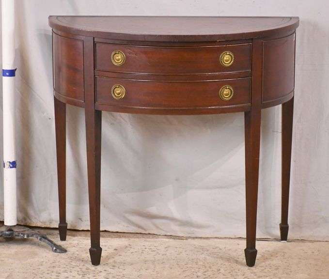 Mahogany 2 drawer demilune console table with leather top; 1116-028 - R ...