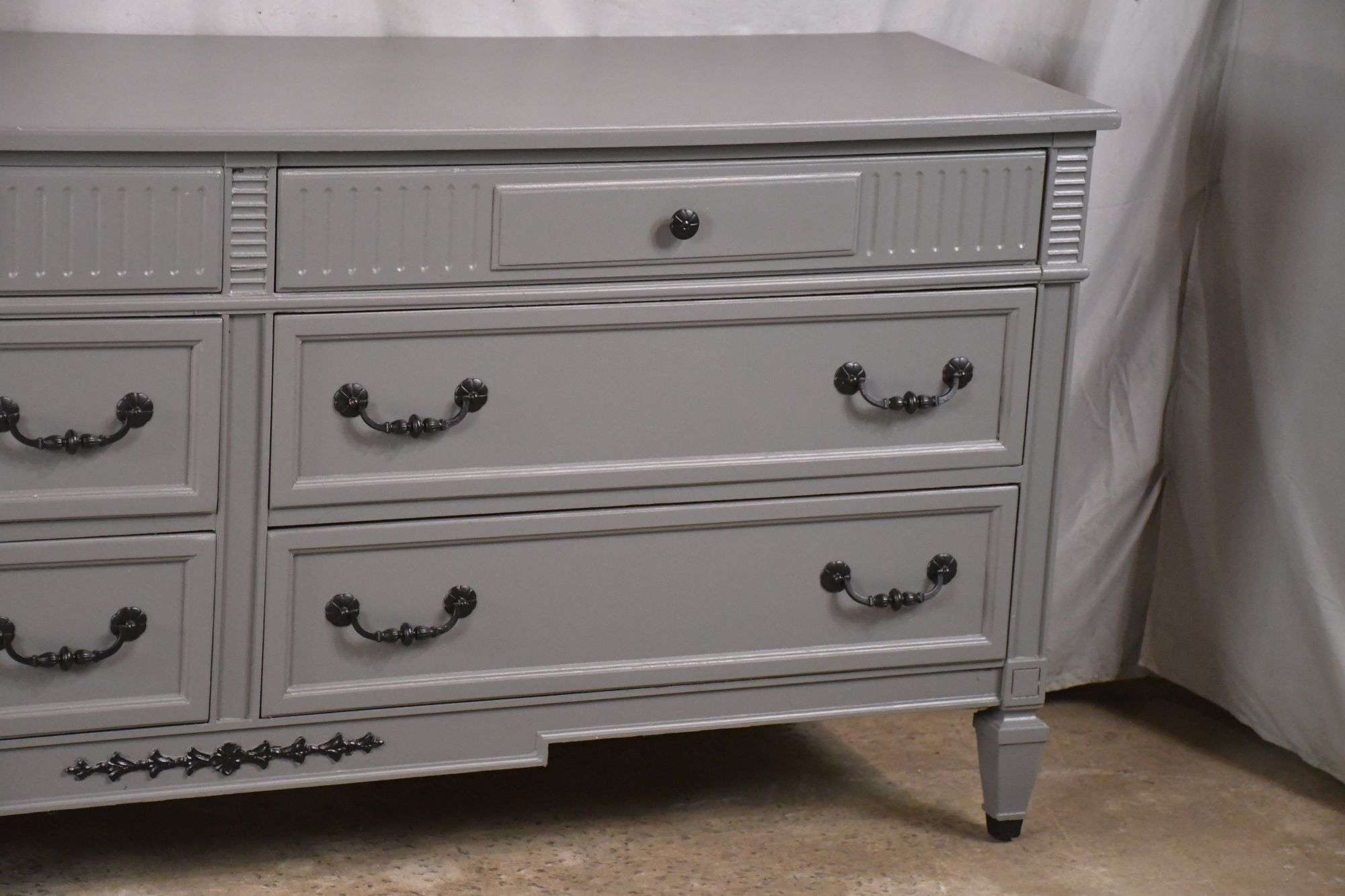 light grey painted dresser MCM mid century dresser with grey lacquer and polished brass hardware   McKenna Design Co