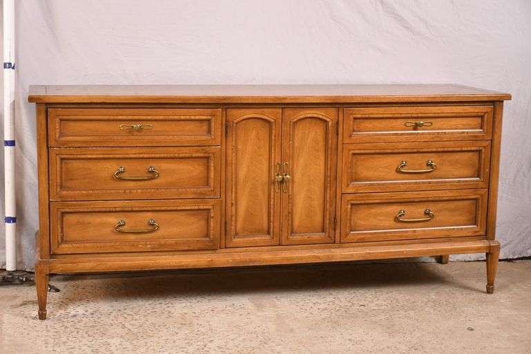 White Furniture walnut mid-century style triple dresser with fitted interior; 74-9437 - R.H. Lee & Co. Auctioneers White Furniture walnut mid-century style triple dresser with fitted interior; 74-9437 - R.H. Lee & Co. Auctioneers