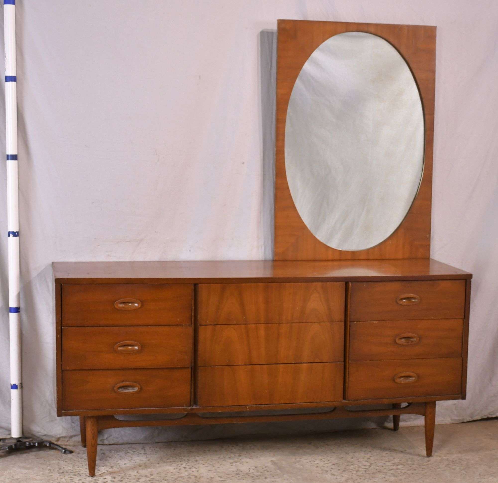 Dixie walnut mid-century style 9 drawer triple dresser with mirror