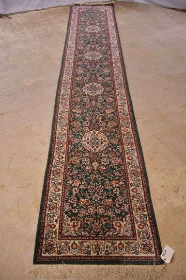 3x14 hand knotted Indian rug/runner with green field and ivory border ...