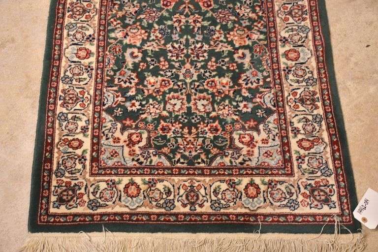 3x14 hand knotted Indian rug/runner with green field and ivory border ...