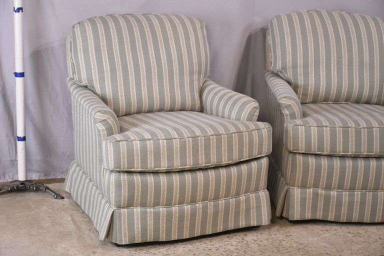 Pair of Ethan Allen upholstered armchairs with striped fabric; 684947