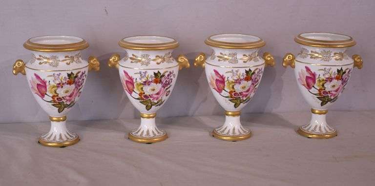 Set of 4 Chelsea House small porcelain urns with floral designs; 15961-239