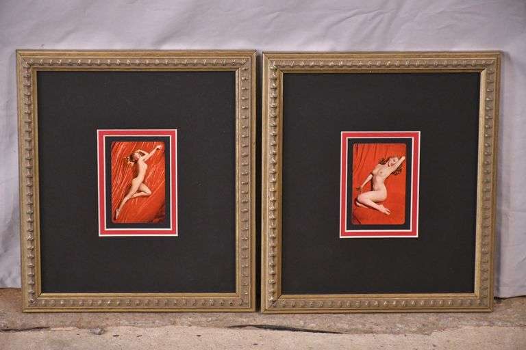 Pair of framed playing cards featuring nude Marilyn Monroe scenes by Tom Kelly; 975-1573
