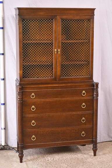 John Stuart mahogany cabinet with 2 wire doors over 4 drawers; 15961-224