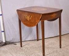 Baker inlaid mahogany single drawer drop-leaf side table; 68-5197