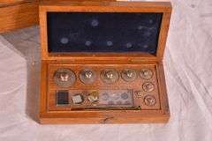 Becker Brothers balance scales in mahogany and glass single drawer case; 697-1435