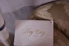 Key City upholstered camelback sofa; 15961-230