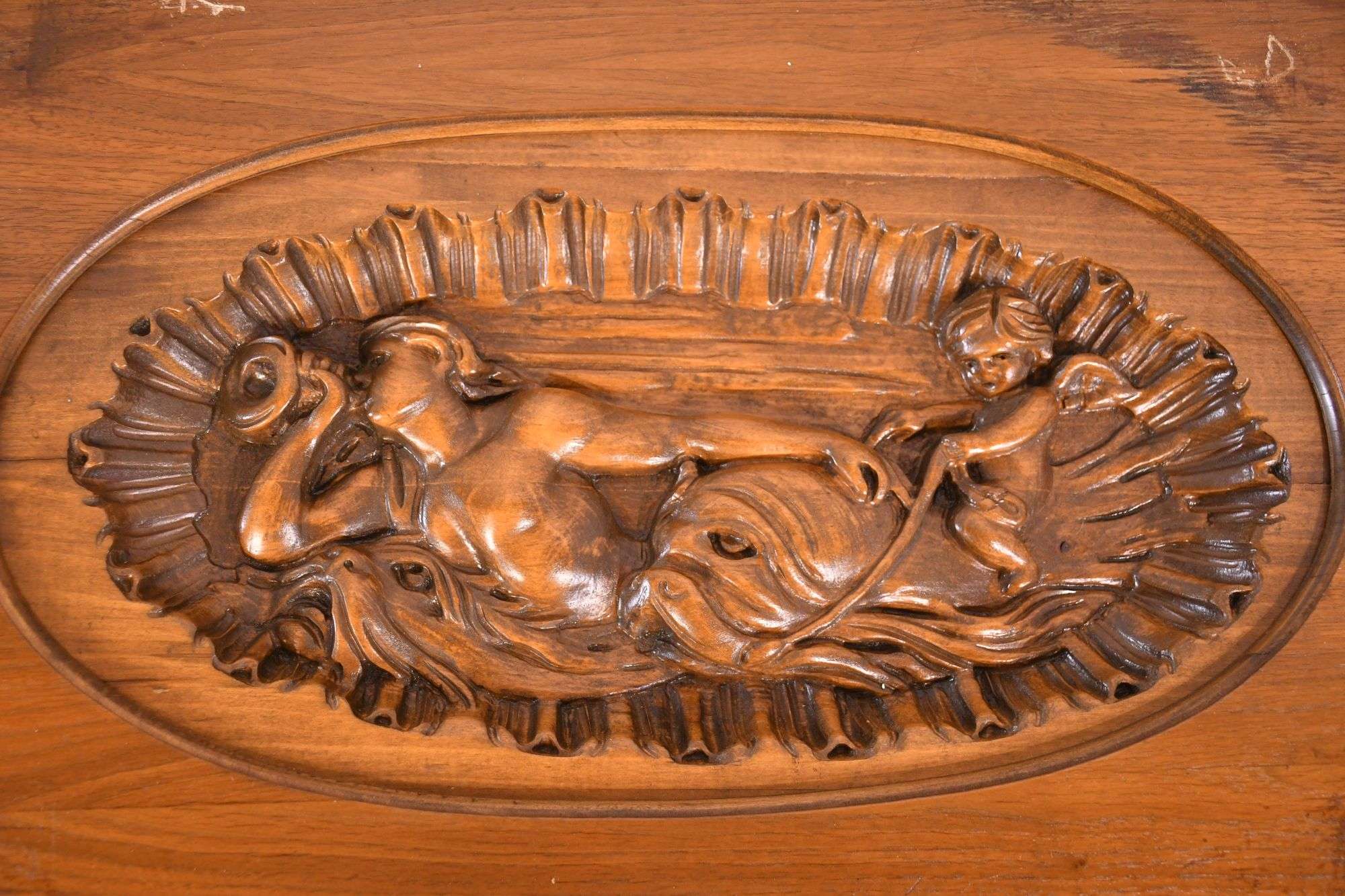 Carved coffee table with glass tray top; 15752-010 - R.H. Lee & Co