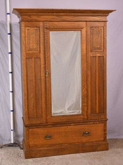 Inlaid oak 3 part armoire with beveled mirror door; 55-11191
