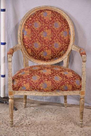 Buying & Design carved French style open arm chair with distressed painted frame; 55-11218