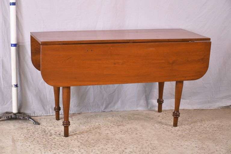 Early pine drop-leaf harvest table with turned legs; 155-816