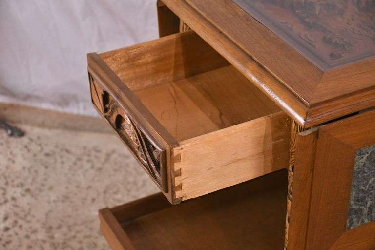Carved Oriental style 3-tier drop-leaf serving cart; 68-5297
