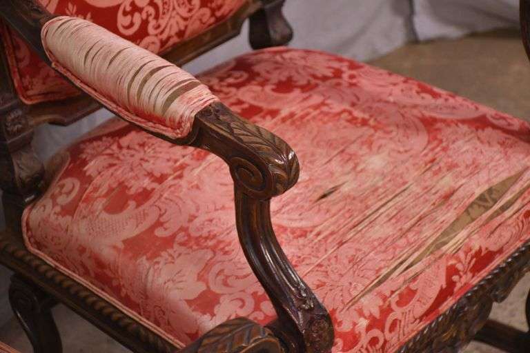 Pair of carved walnut open armchairs; 68-5084