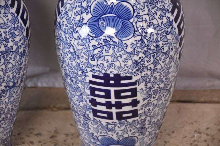 Pair of large blue and white Oriental style vases; 1149-316