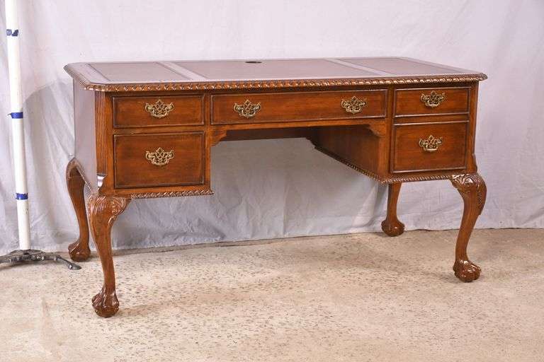 Cherry Chippendale style kneehole desk with leather top; 1130-109