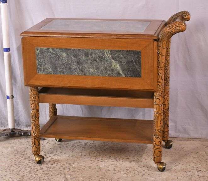 Carved Oriental style 3-tier drop-leaf serving cart; 68-5297