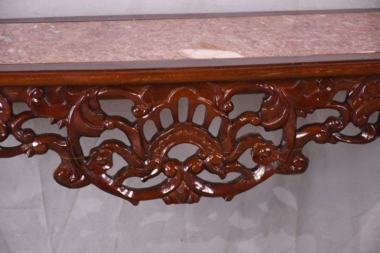 Carved mahogany console table with pink marble top; 495-318