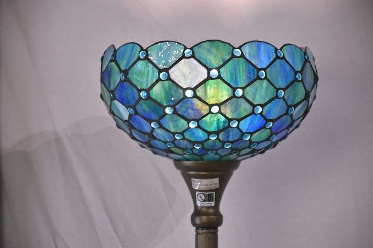 Ornate metal floor lamp with blue stained glass shade; 1116-484